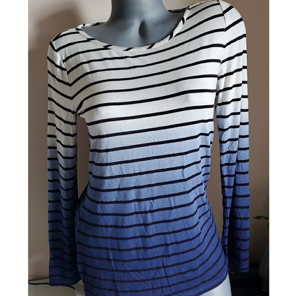 Joan Vass Blue and White Striped Long Sleeved Tee - Picture 1 of 4